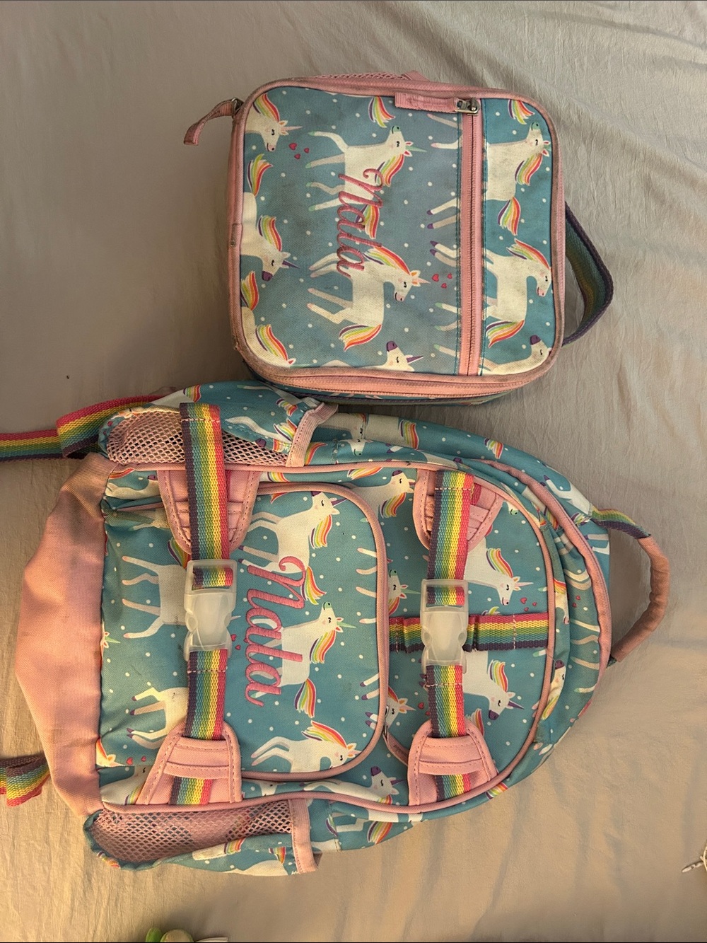 Pottery Barn Kids Unicorn Rainbow Blue Pink Backpack with Lunchbox